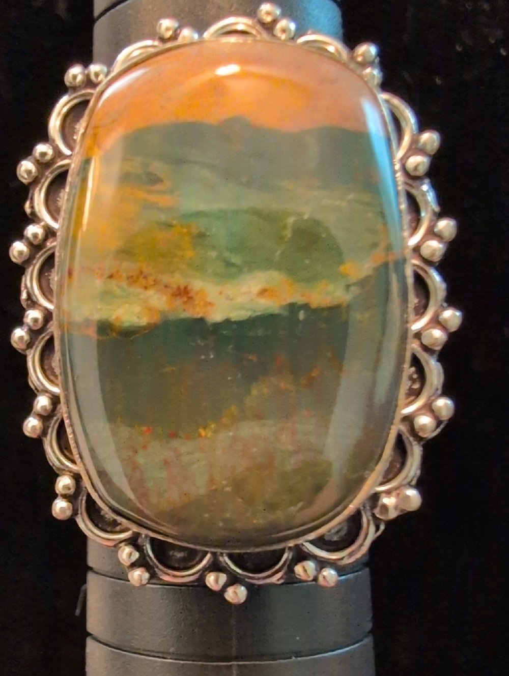 Rectanglular Green And Yellow Picture Jasper Ring